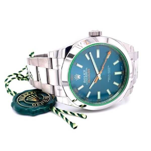 rolex milgauss blue dial green crystal 116400gv oyster