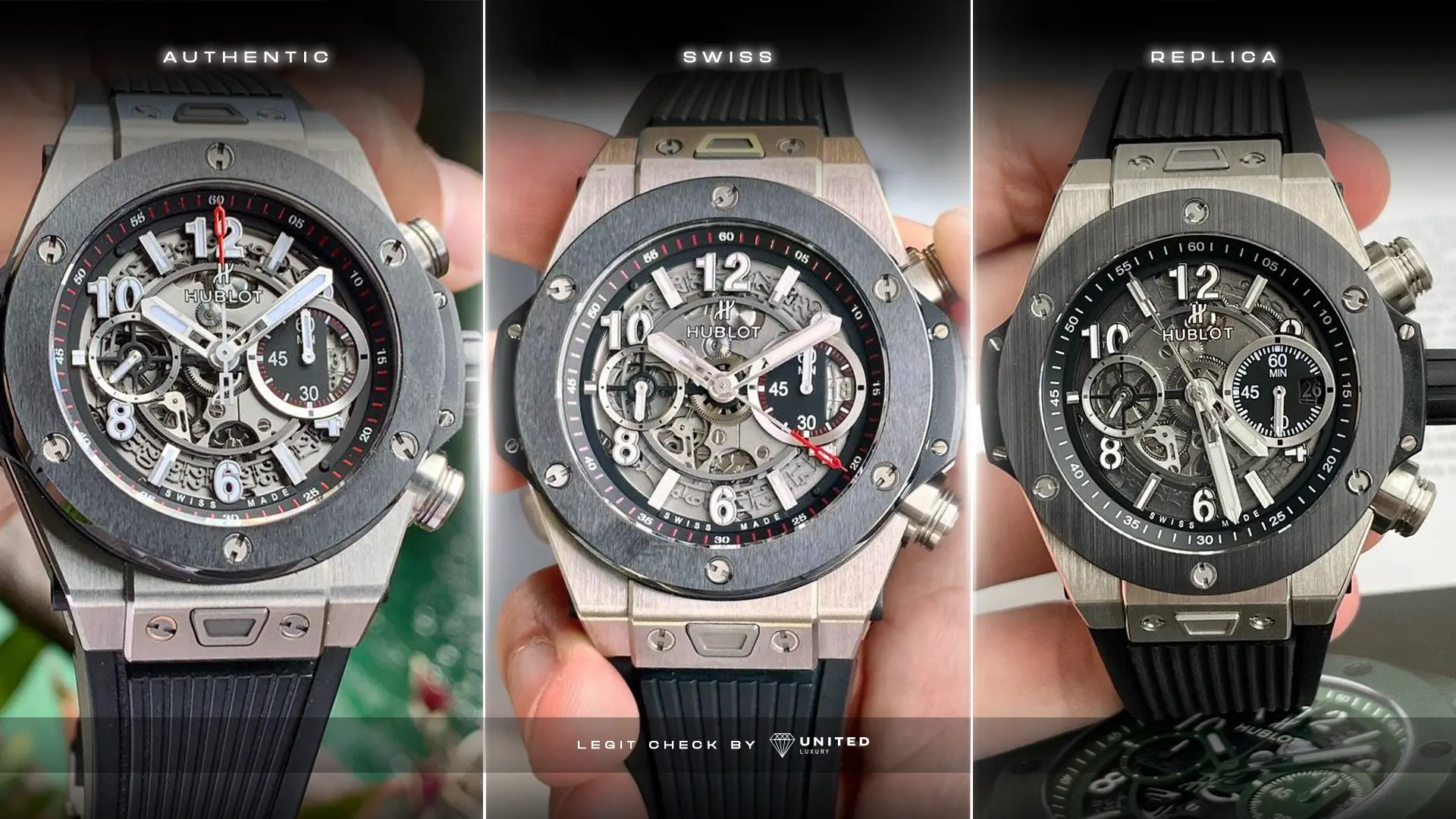 hublot replica vs original vs swiss screws push button